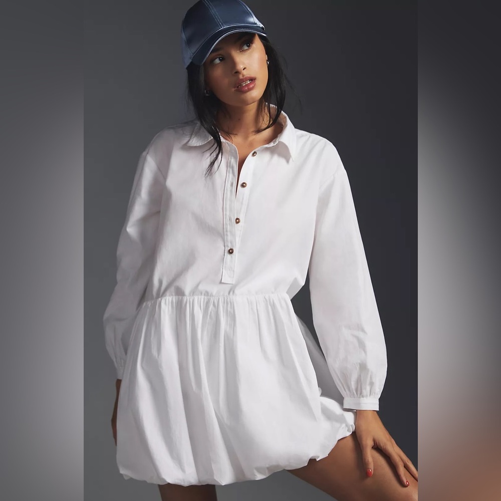 Anthropologie Maeve Bubble-Hem Shirt Dress White Petite Medium